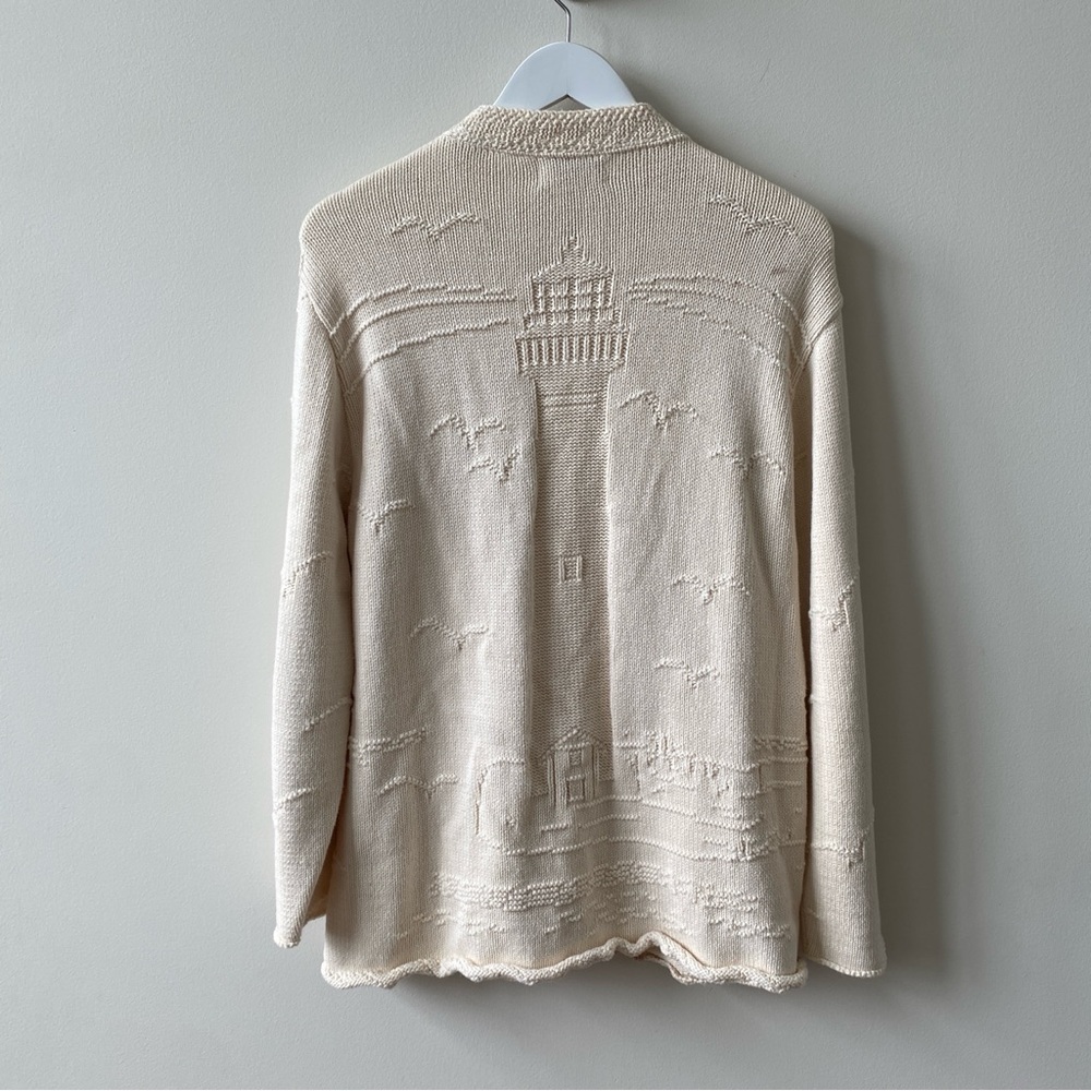 Brimwick Cream Sailboat Lighthouse Button-Up Cardigan Sweater Women’s Size M